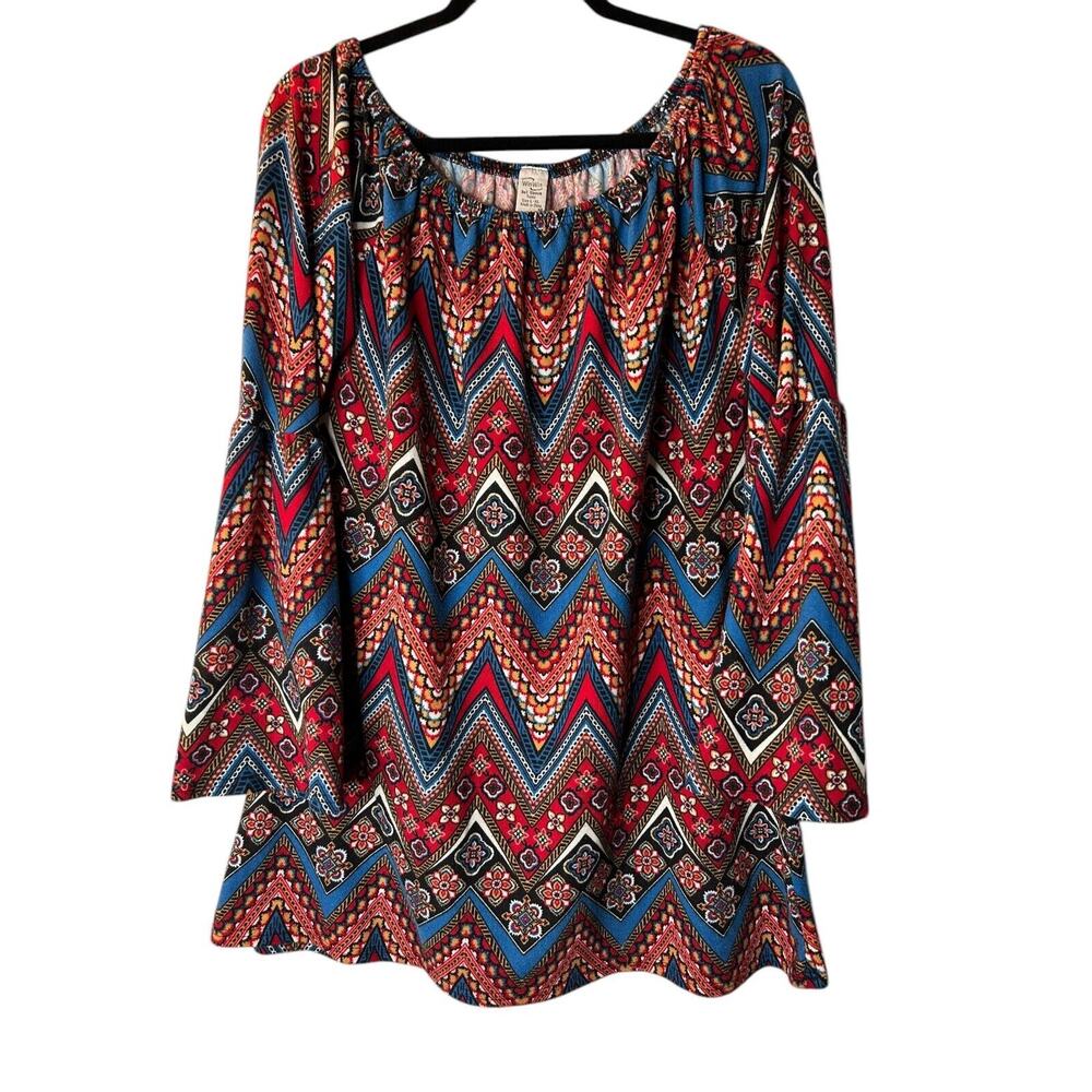 Win Win Bell Sleeve Tunic L/XL Red‎ Multicolor Chevron Bohemian Boho Cottagecore